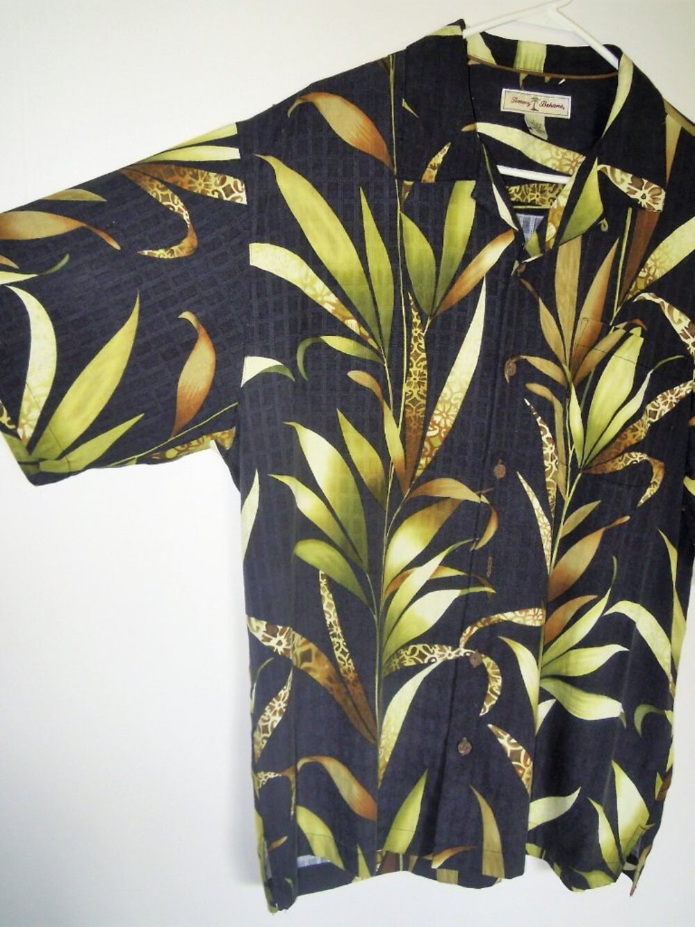 Tommy Bahama Short Sleeve Shirt Men's Large Black Green Palm Leaf Tropical Silk